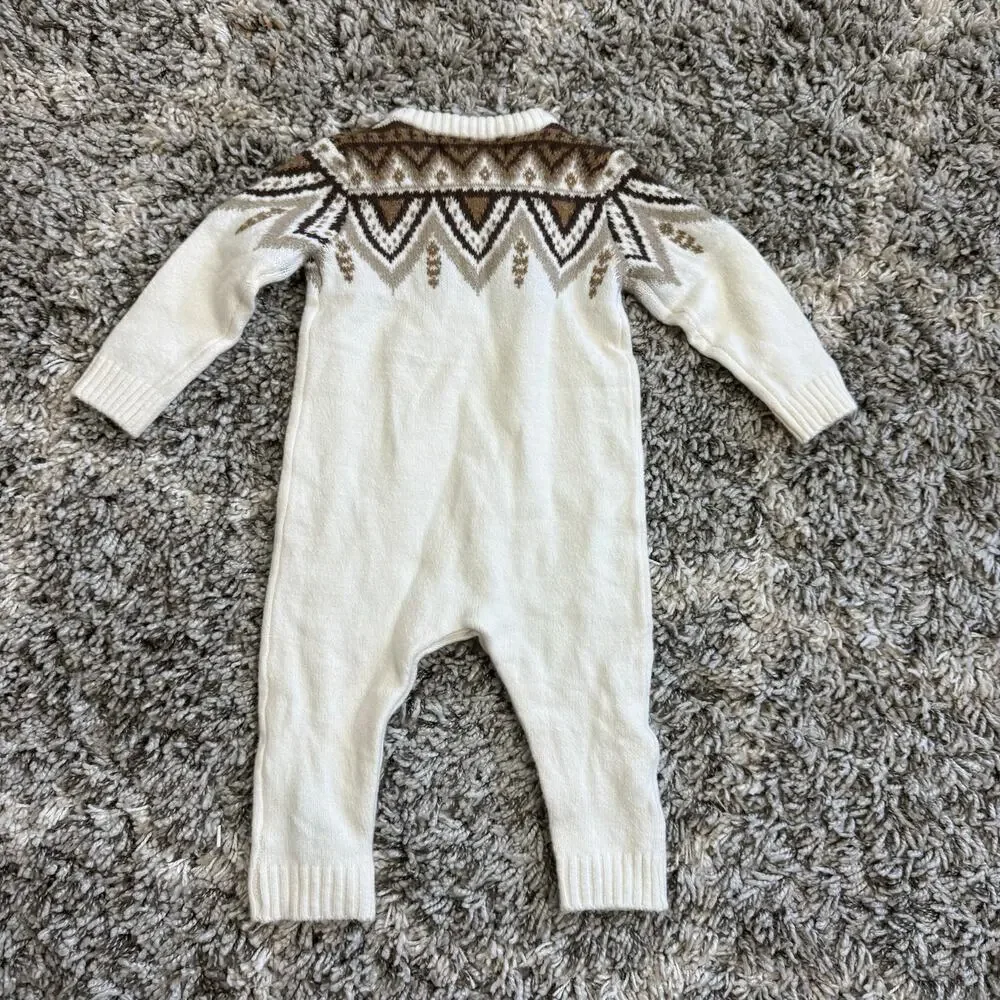 NWT Old Navy Fair Isle Sweater Romper Outfit Cream Brown Baby Boy 6-12 Months